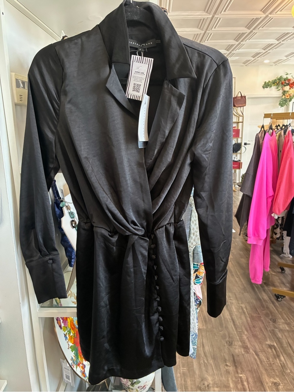 Endless Rose Black Satin Wrap-Front Long Sleeve Dress